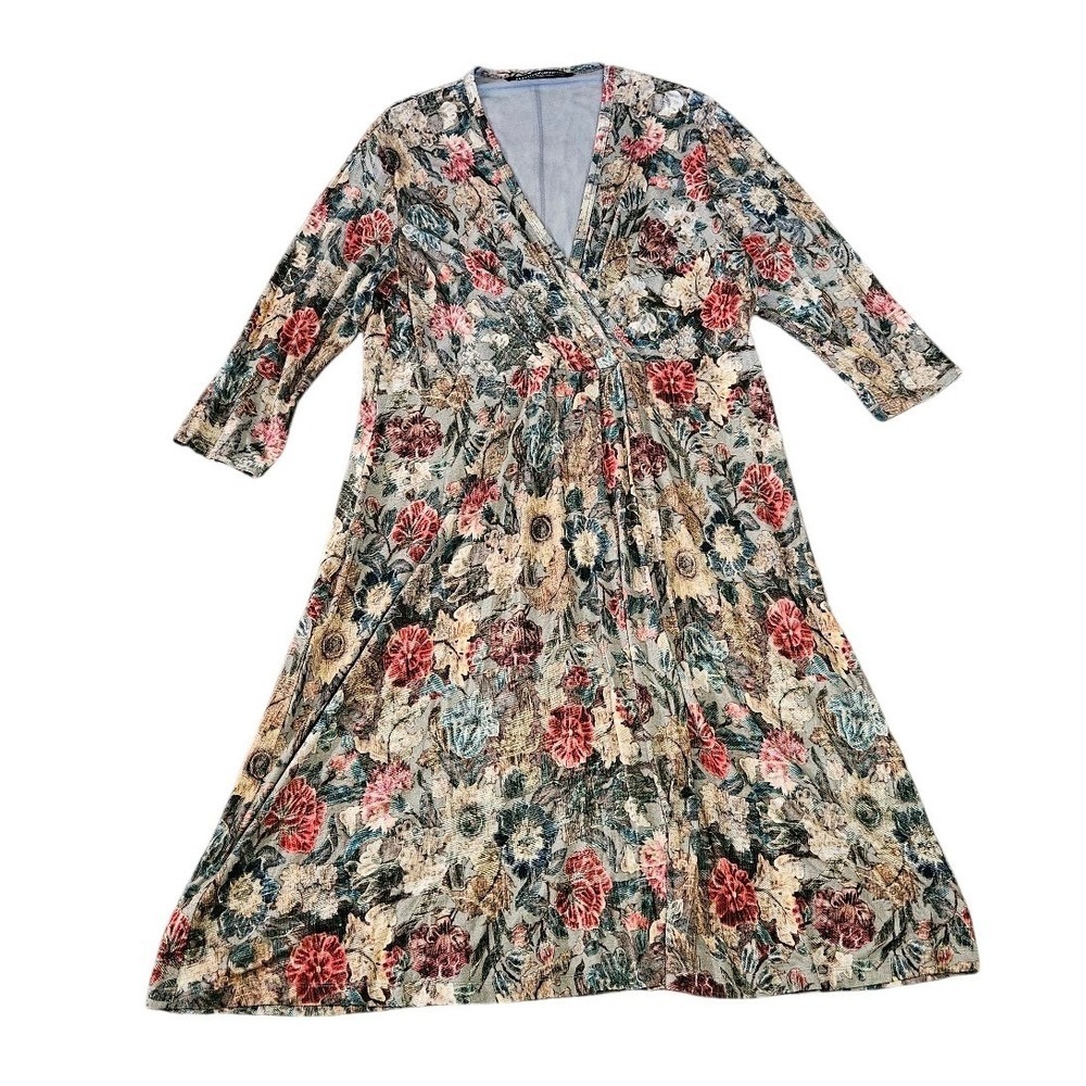 Peruvian Connection Midi Dress XL Floral Tapestry Print Wrap Front 3/4 Sleeve